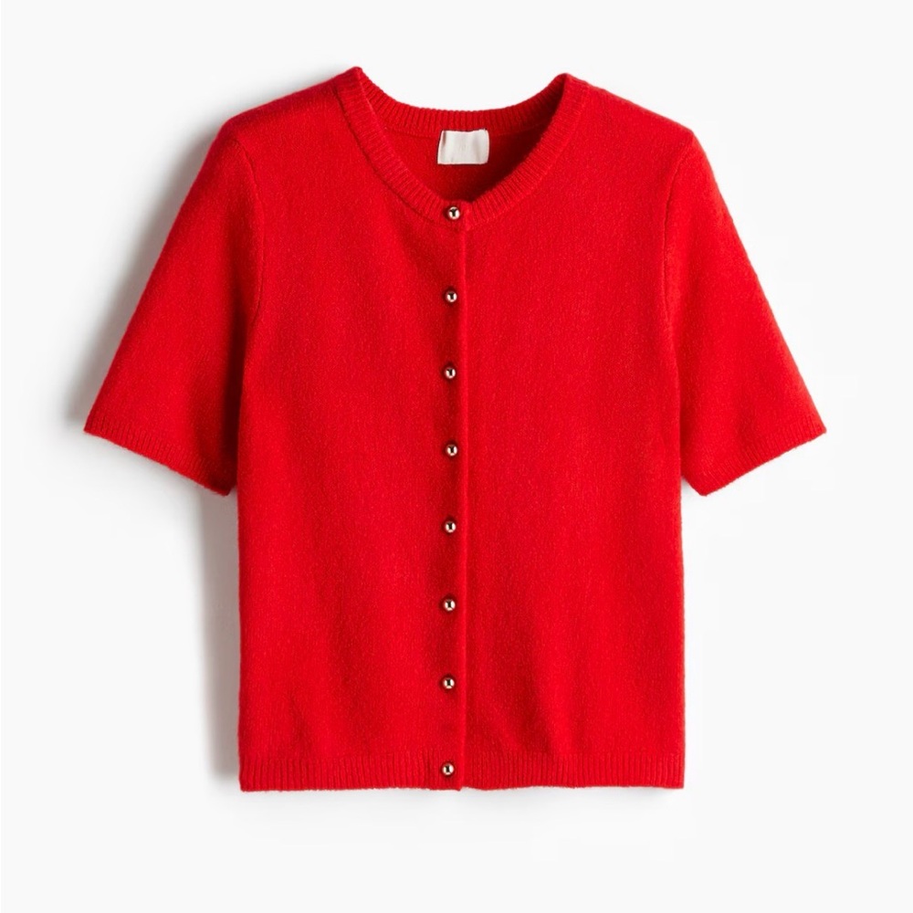 Red Short Sleeve Button Cardigan